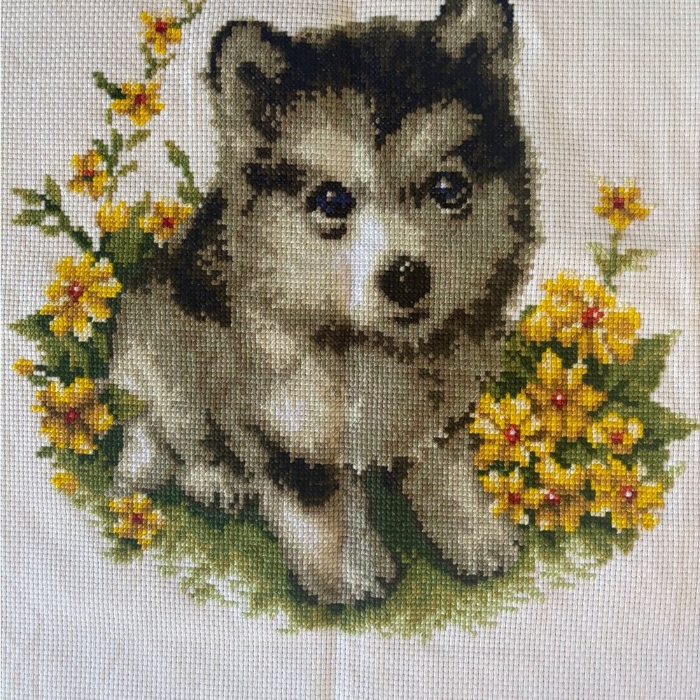 Cute Gray Puppy Cross-Stitch Wall Art - Husky